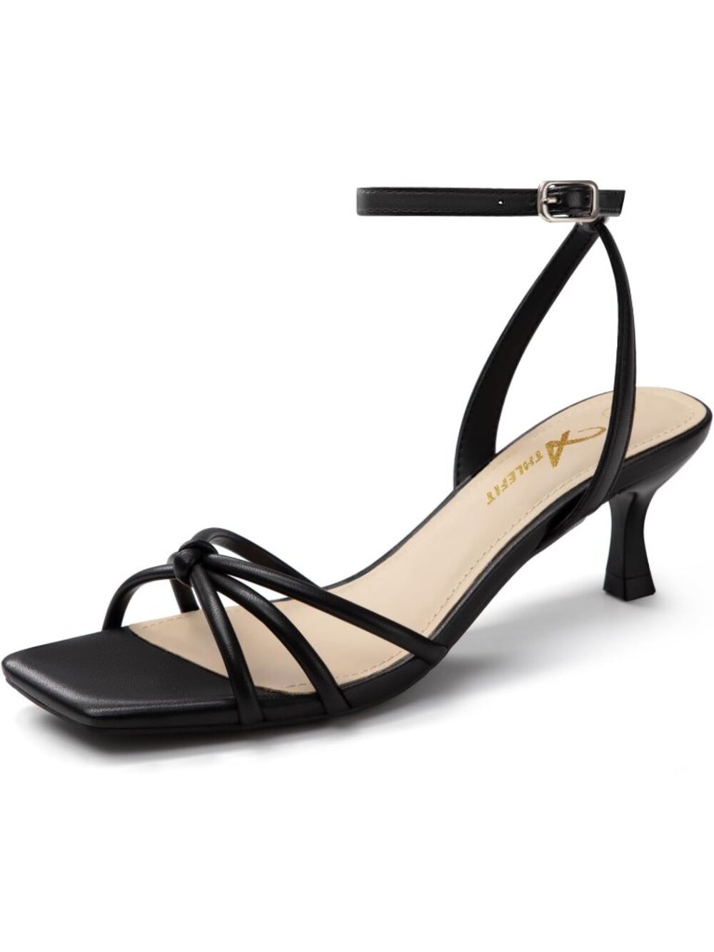 Women's Black Kitten Heels Square Toe Strappy Heeled Sandals PU Leather Heels